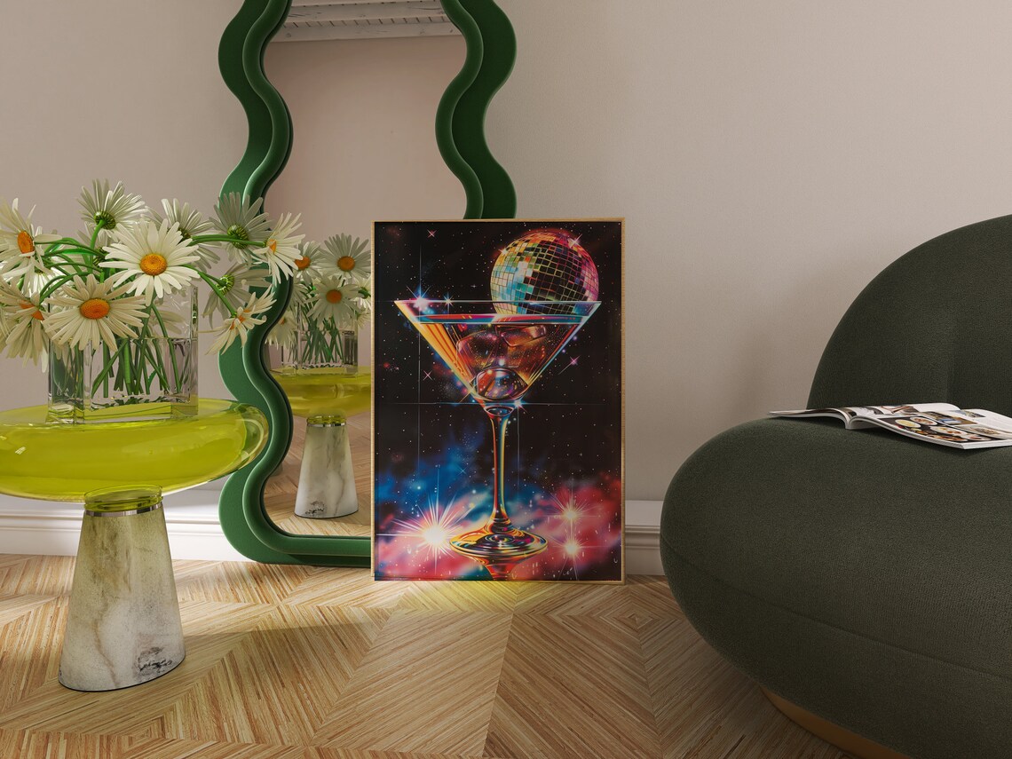 Disco Ball Martini Glass Cosmic Space 80s Glam Party Wall Poster - Image 2