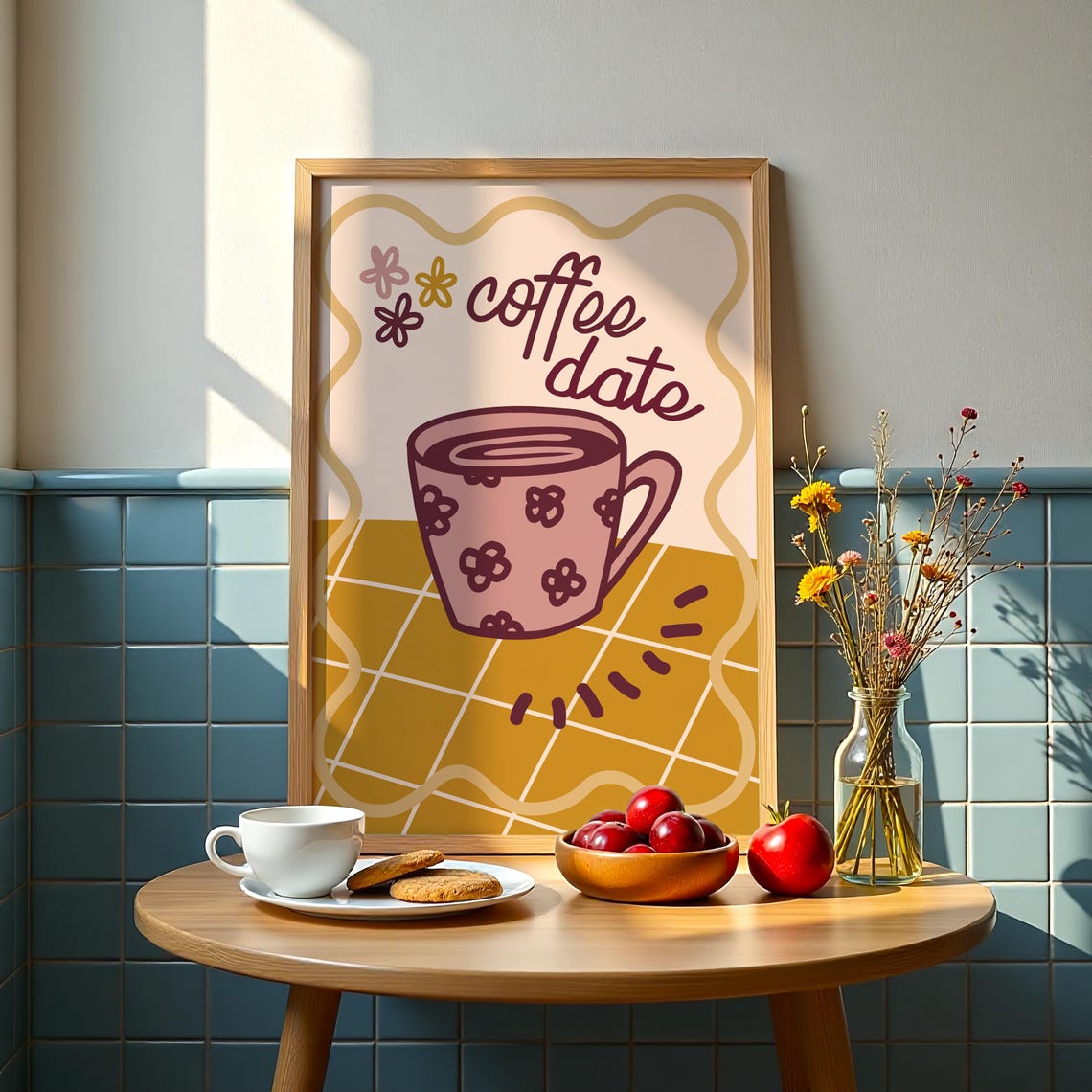 Coffee Date Print Cute Wall Art Trendy Kitchen Decor Retro Cafe Warm Colourful Playful Doodle - Image 2