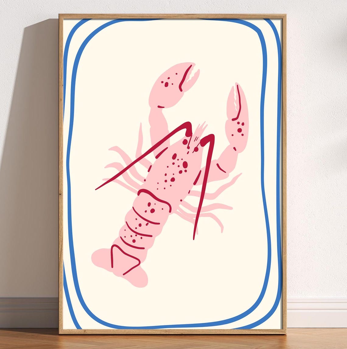 Pink Lobster Whimsical Coastal Kitchen Hand Drawn Seafood Poster