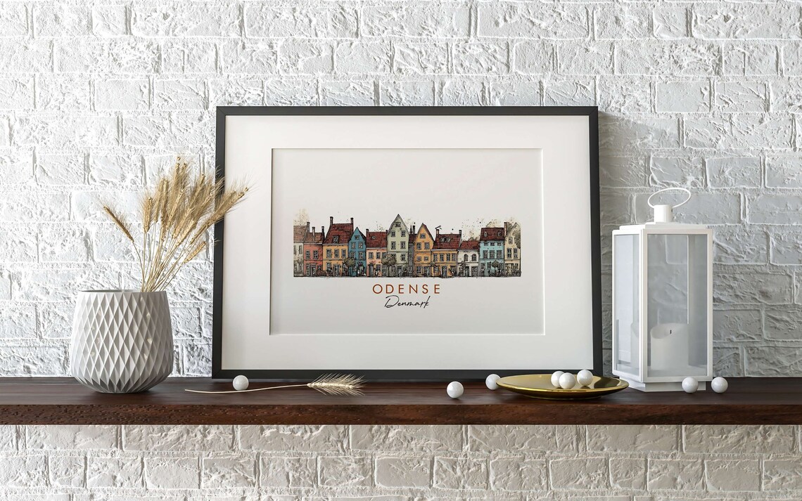 Odense Denmark Colorful Old Town Street Houses Ink Art Poster - Image 2