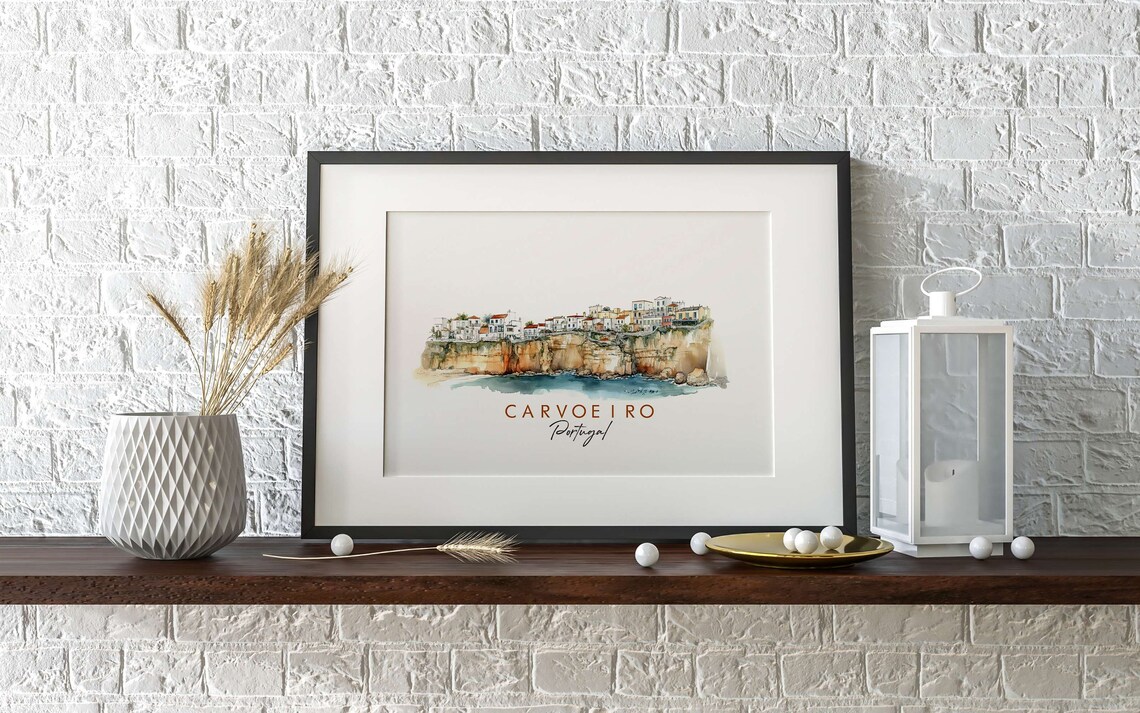 Carvoeiro Portugal Clifftop Village Ink Watercolor Travel Poster - Image 2