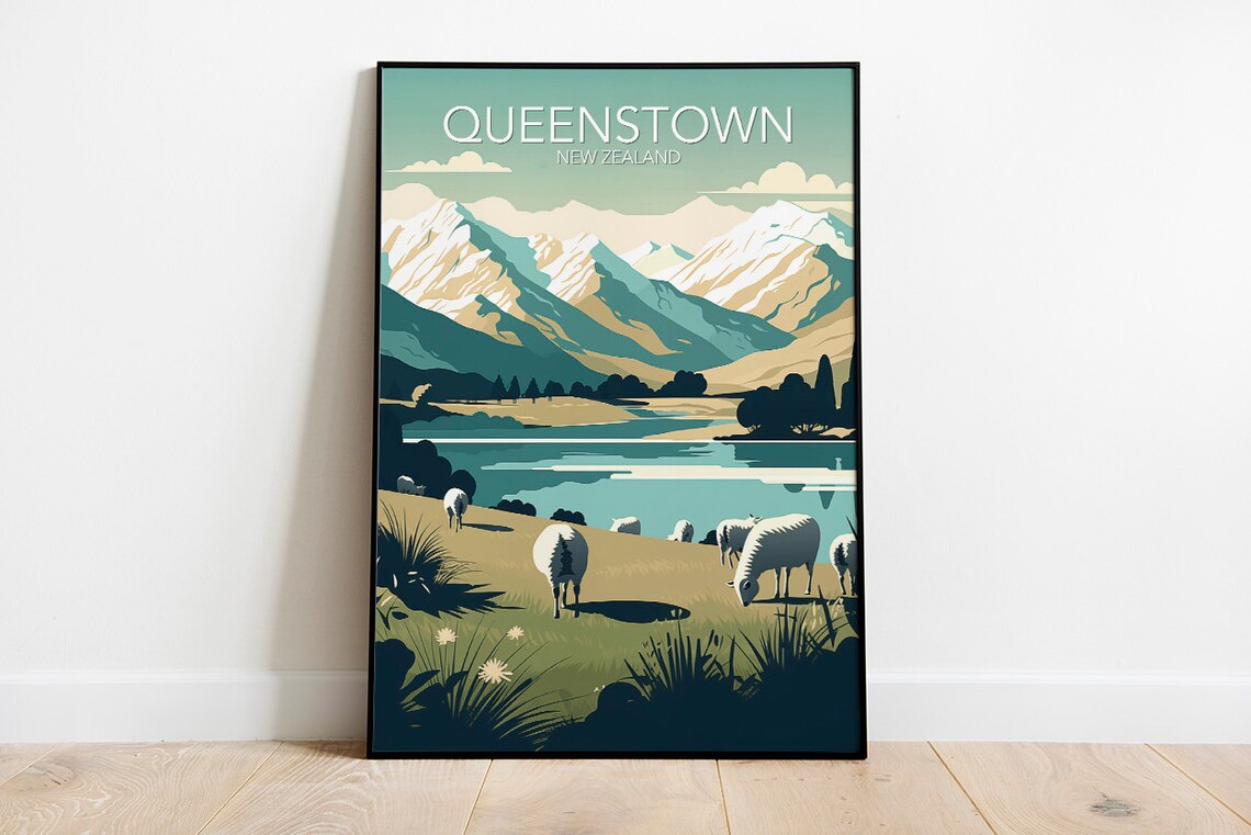 Queenstown New Zealand Lake Mountain Sheep Pasture Art Poster