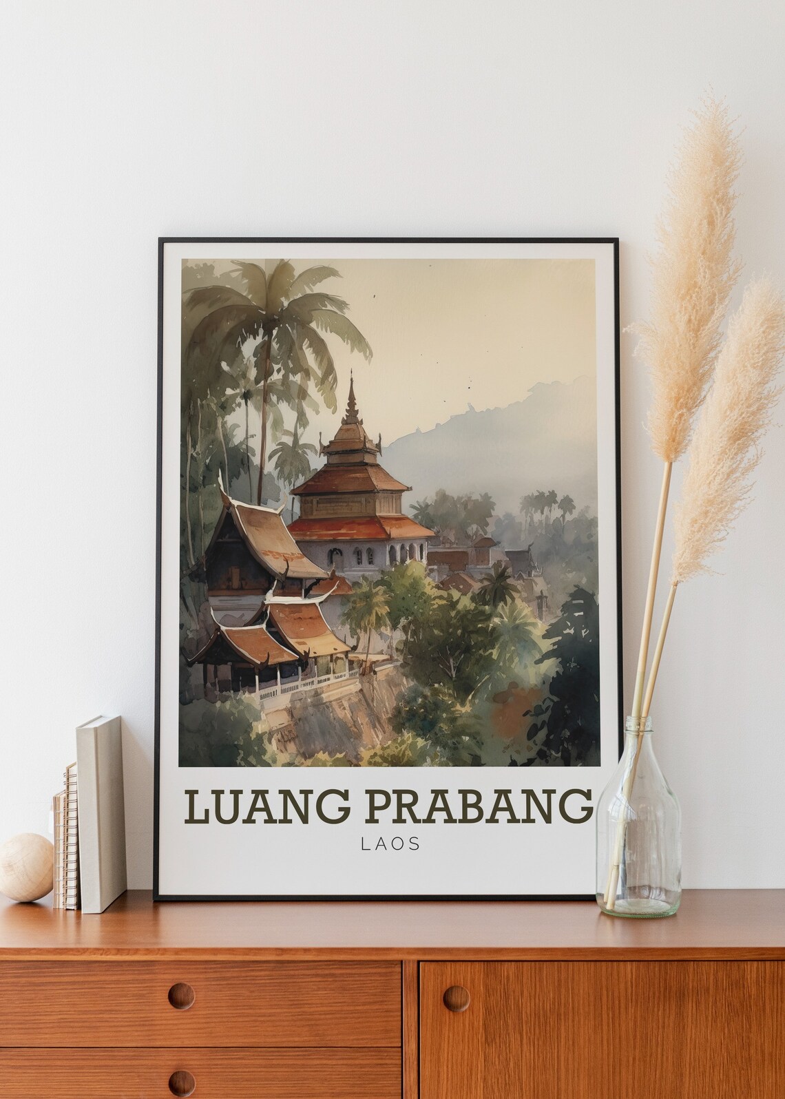 Luang Prabang Laos Temple Palm Trees Misty Watercolor Poster - Image 2