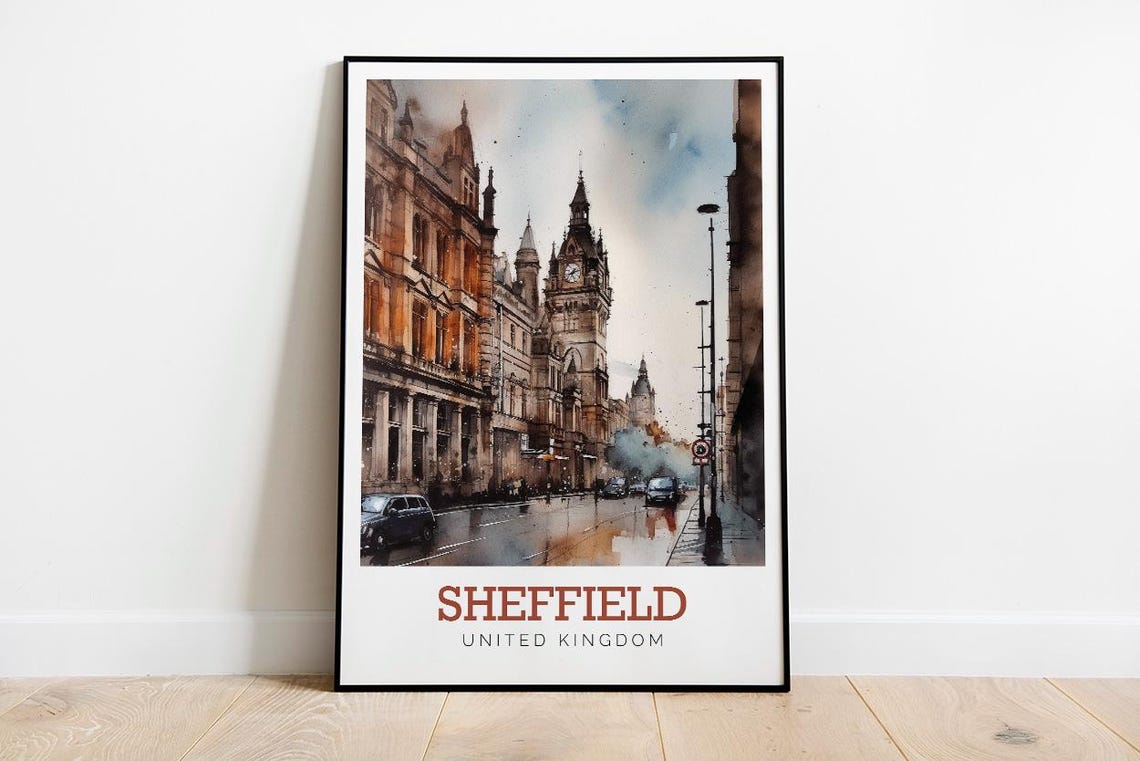 Sheffield England Clock Tower Street Watercolor United Kingdom Poster