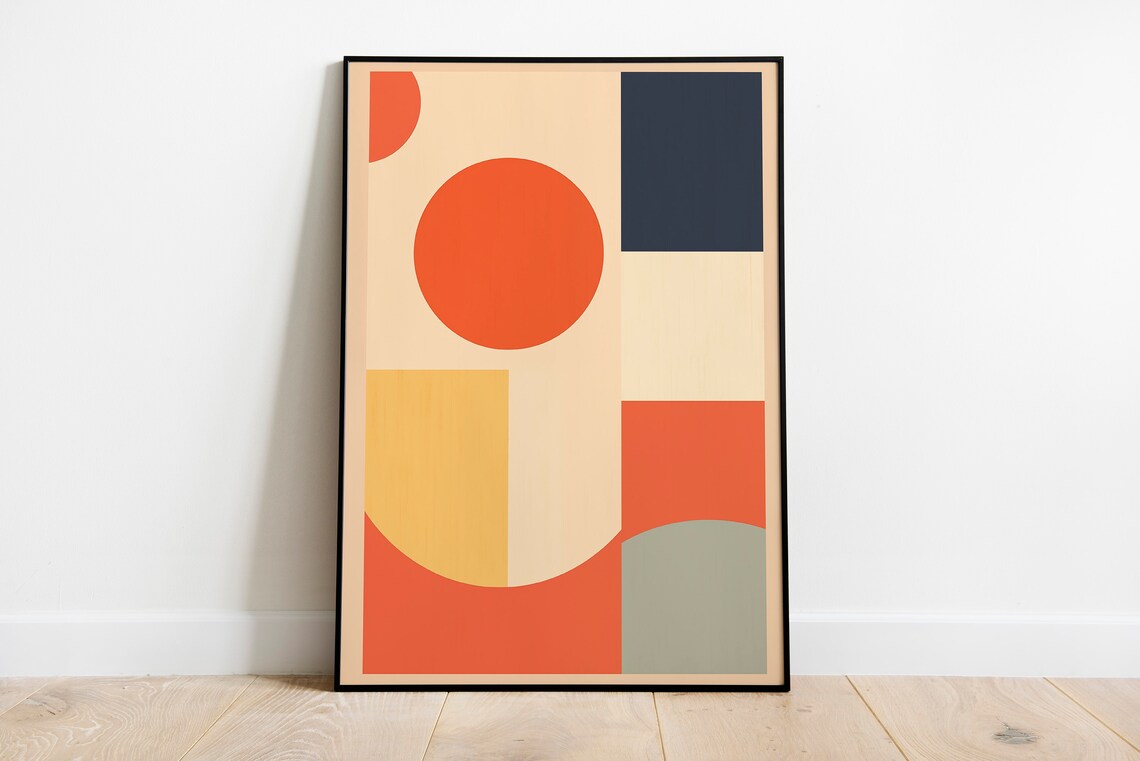 Bauhaus Geometric Circle Blocks Coral Navy Beige Abstract Art Print - Image 2