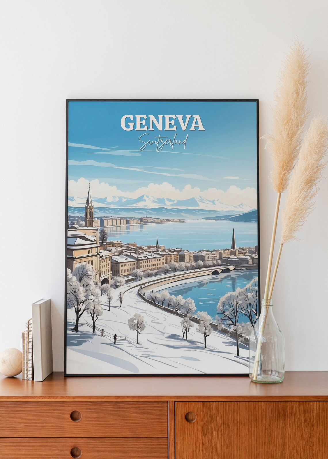 Geneva Switzerland Lake Winter Snowy Waterfront City View Poster - Image 2