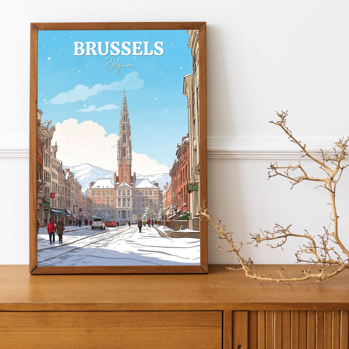 Brussels Belgium Snowy Winter Square Historic City Hall Poster - Image 3