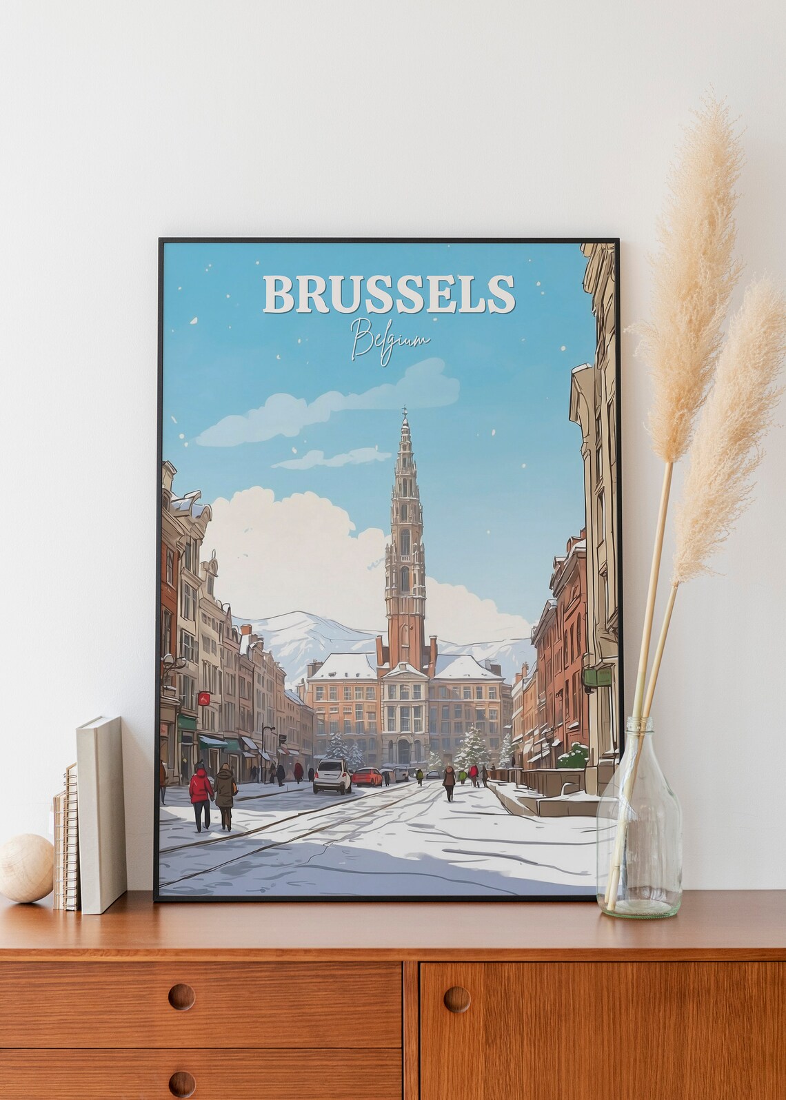 Brussels Belgium Snowy Winter Square Historic City Hall Poster - Image 2