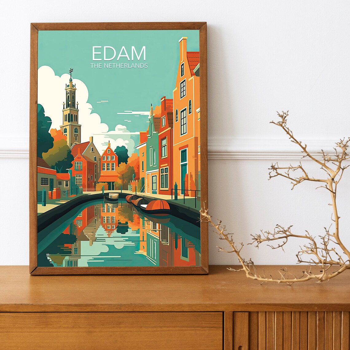 Edam Netherlands Canal Houses Reflection Vintage Travel Poster