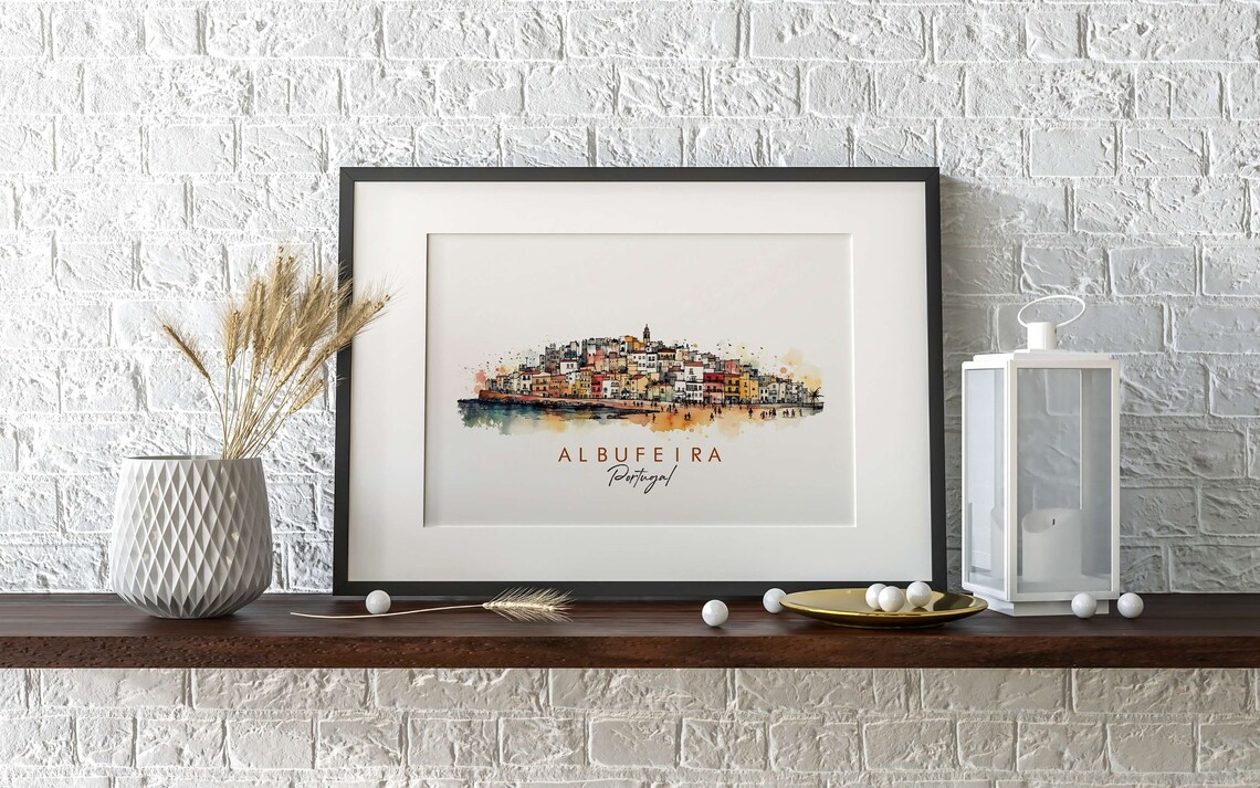 Albufeira Portugal Coastal Town Ink Watercolor Travel Poster - Image 2
