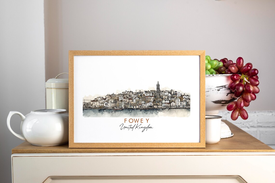 Fowey United Kingdom Harbor Town Watercolor Ink Sketch Art Poster - Image 3