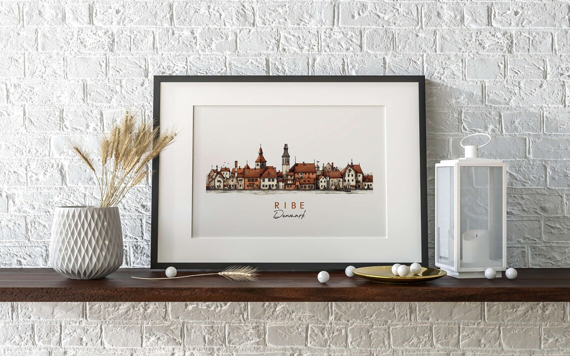 Ribe Denmark Minimalist Historic Old Town Ink Watercolor Poster - Image 2