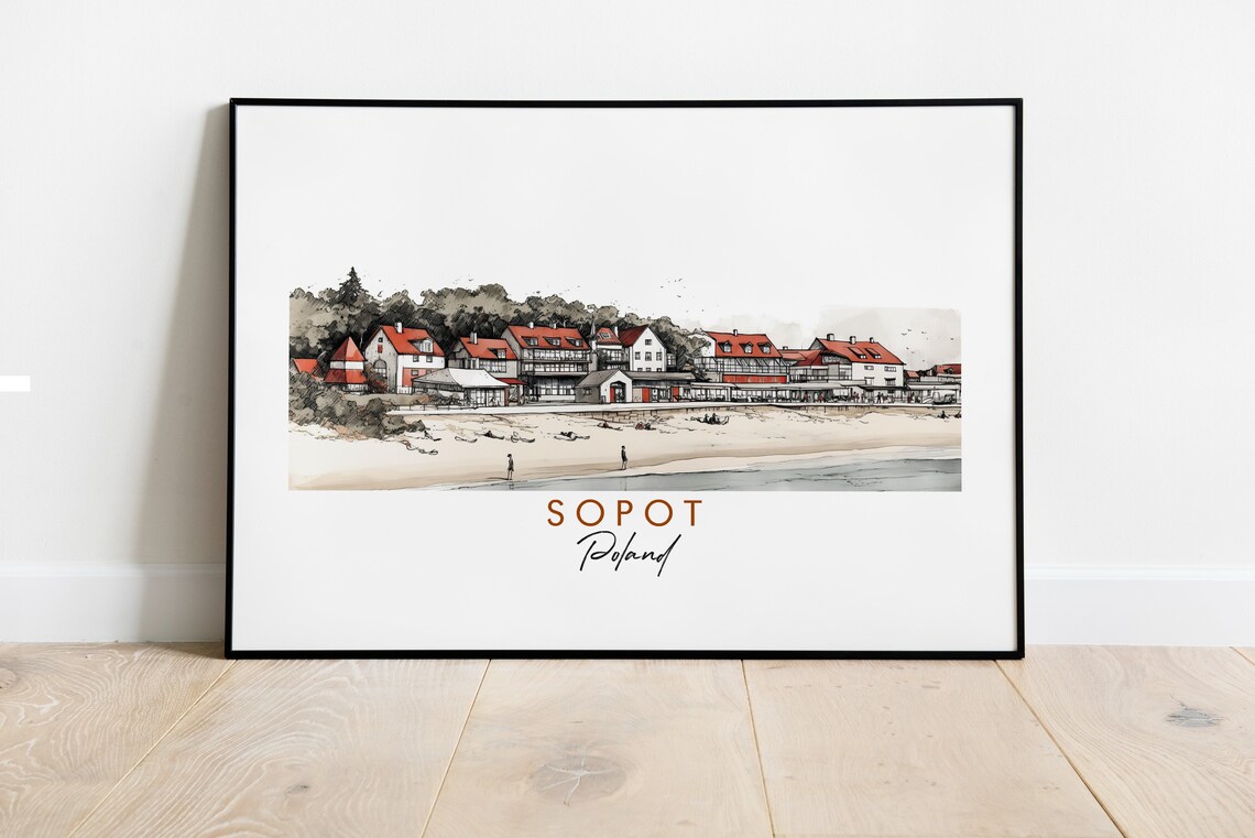 Sopot Poland Seaside Beach Town Red Roof Resort Watercolor Poster
