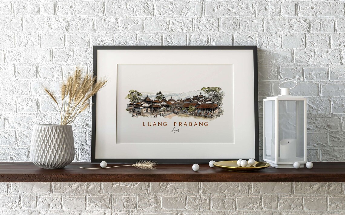 Luang Prabang Laos Temple Town Watercolor Ink Sketch Art Poster - Image 2