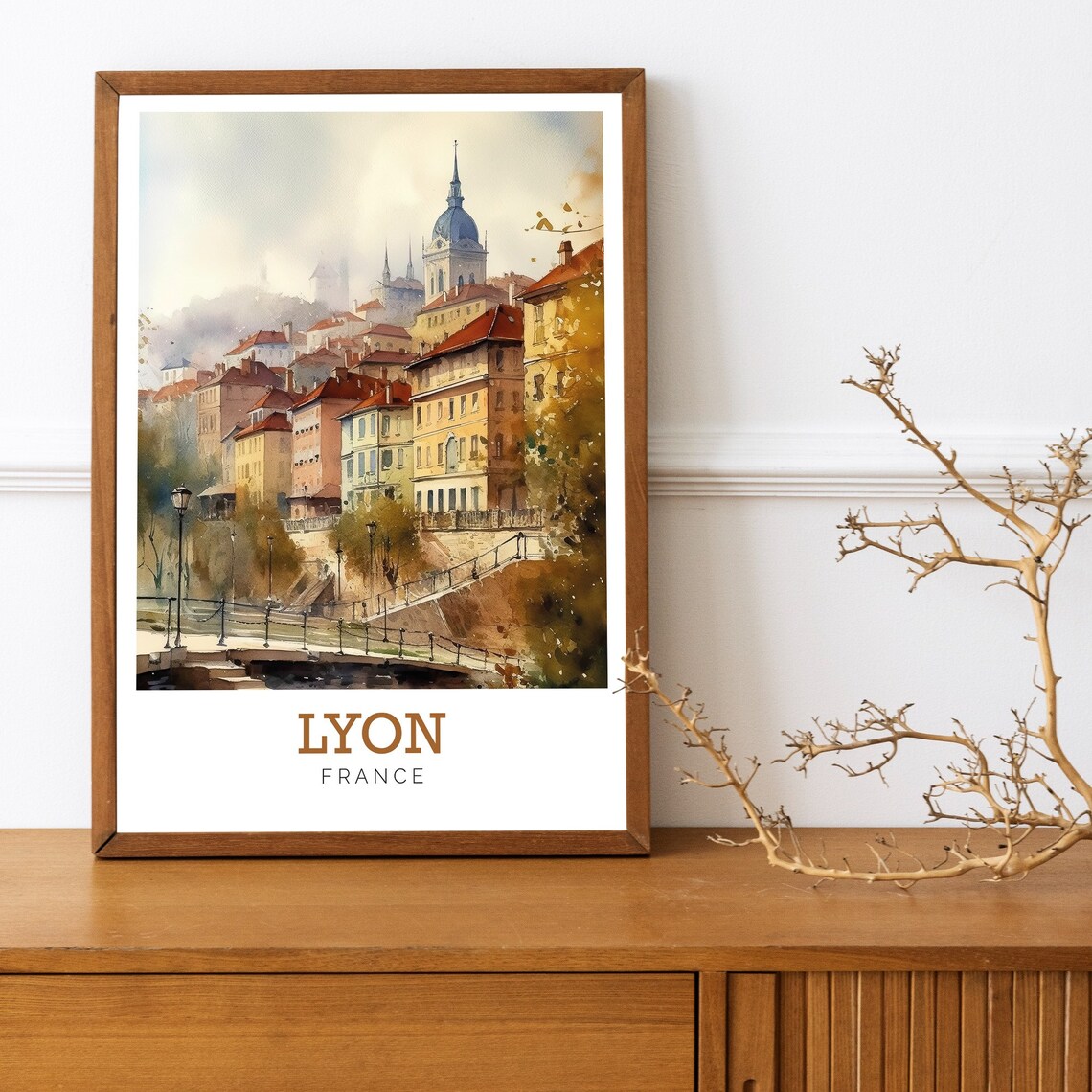 Lyon France Hilltop Watercolor Riverside Old Town Travel Poster - Image 3