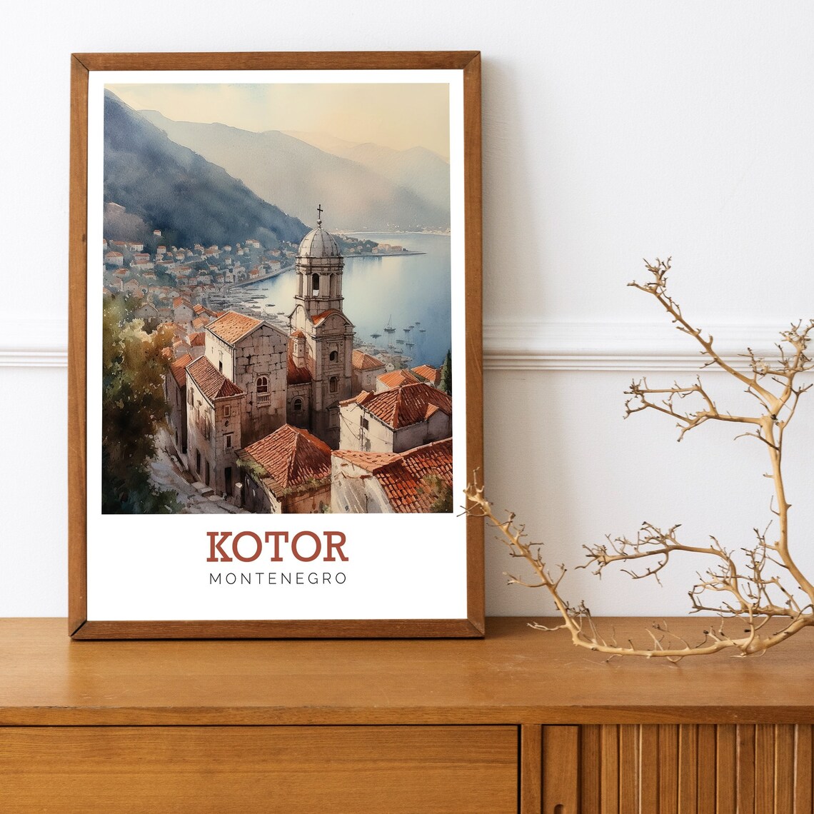 Kotor Montenegro Scenic Bay Old Town Bell Tower Watercolor Poster