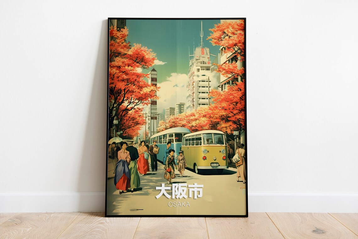 Osaka Japan Vintage Retro Autumn Street Buses City Travel Poster