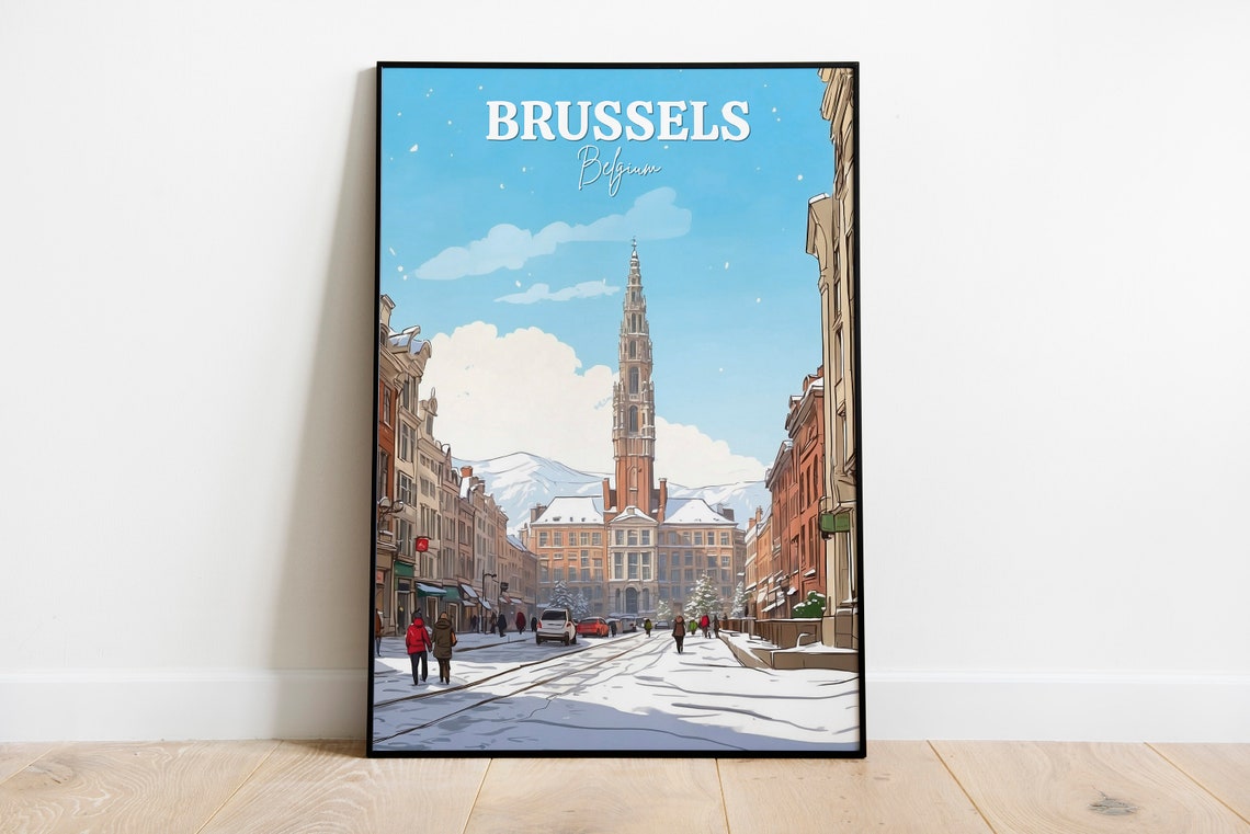 Brussels Belgium Snowy Winter Square Historic City Hall Poster