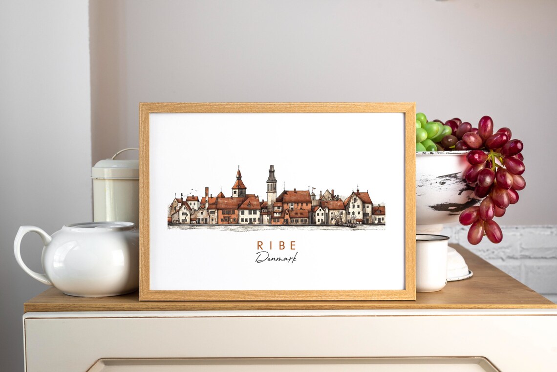 Ribe Denmark Minimalist Historic Old Town Ink Watercolor Poster - Image 3