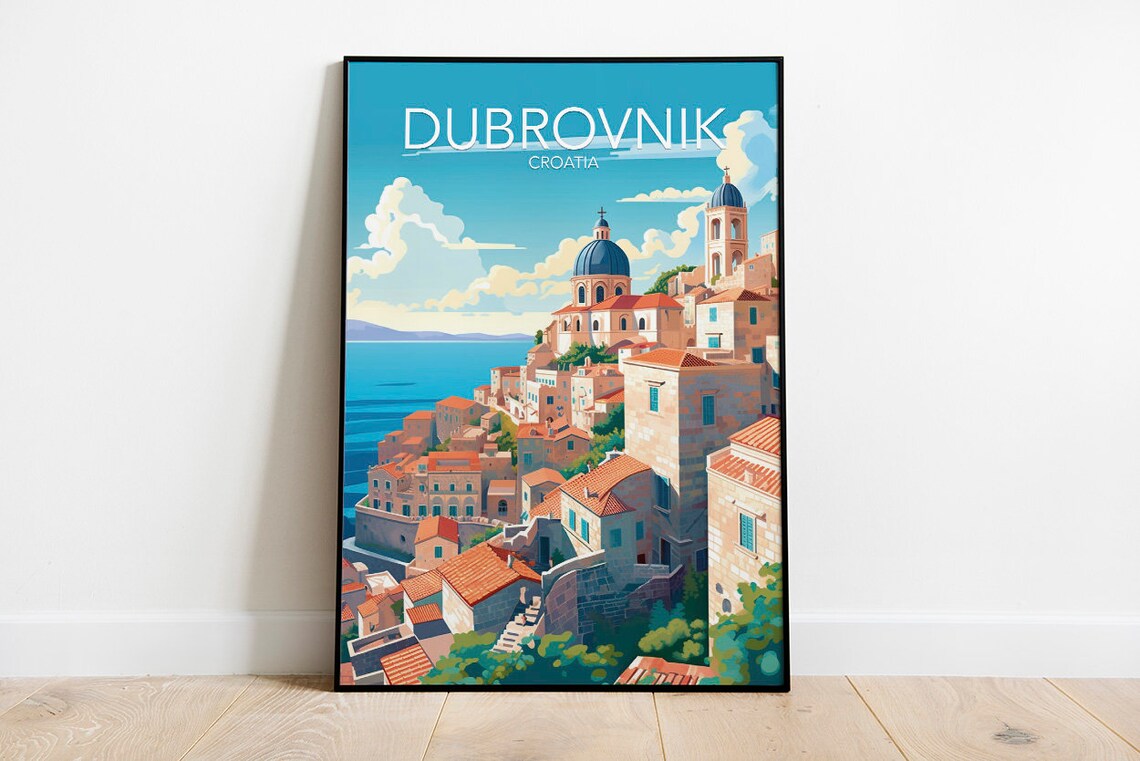 Dubrovnik Old Town Adriatic Sea Croatia Sunset Vintage Travel Poster