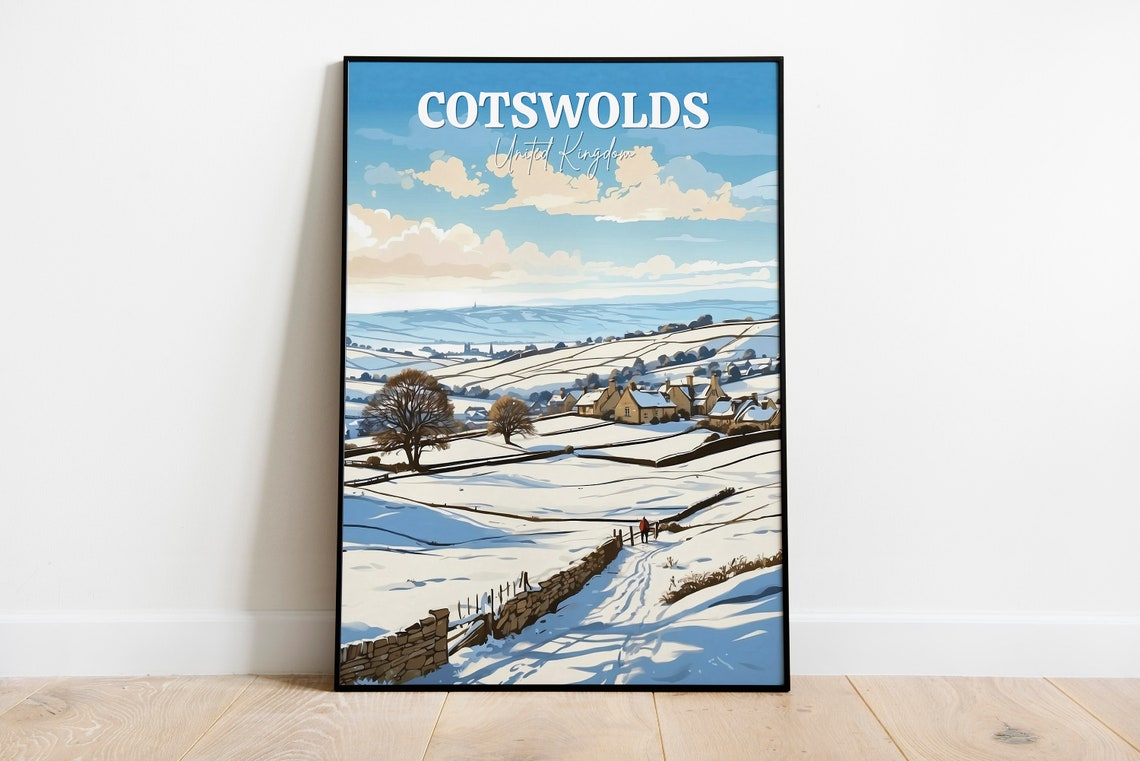 Cotswolds United Kingdom Snowy Countryside Winter Hills Poster
