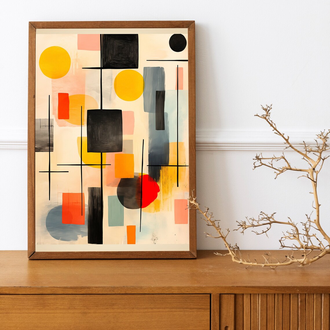 Mid Century Yellow Black Geometric Lines Abstract Modern Art Print - Image 3
