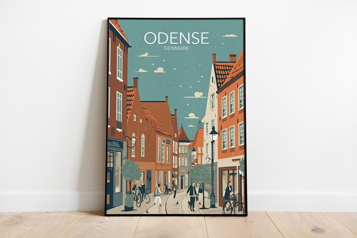 Odense Denmark Old Town Street Bicycles Vintage Travel Art Poster