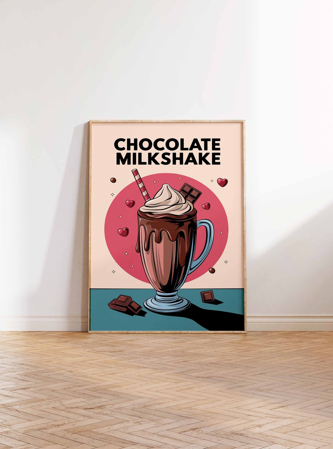 Retro Chocolate Milkshake Bold Black Lettering Pink Hearts Poster - Image 2