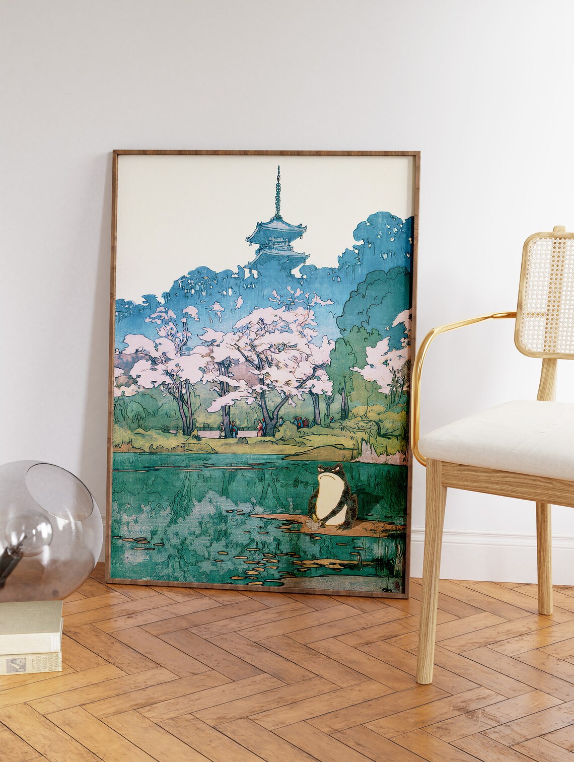 Japanese Frog Print Woodblock Style Cherry Blossom Pagoda Pond - Image 3