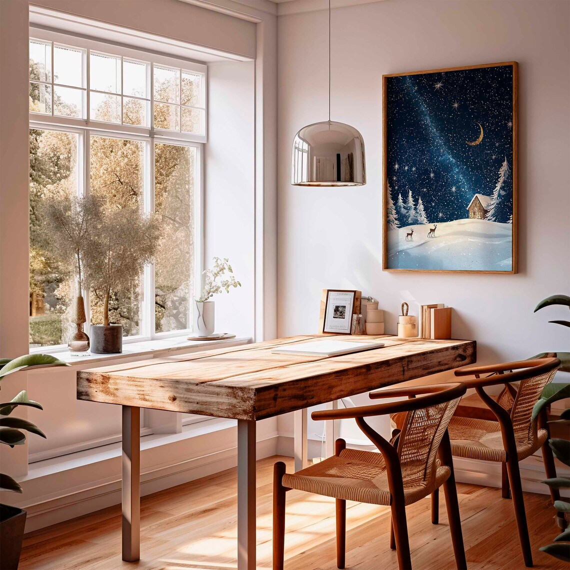 Milky Way Starry Night Over Snowy Hills With Deer And Cabin Poster - Image 2