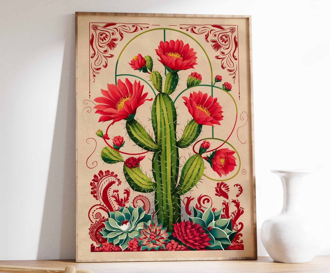 Cactus Bloom Succulents Decorative Circles Vintage Botanical Poster