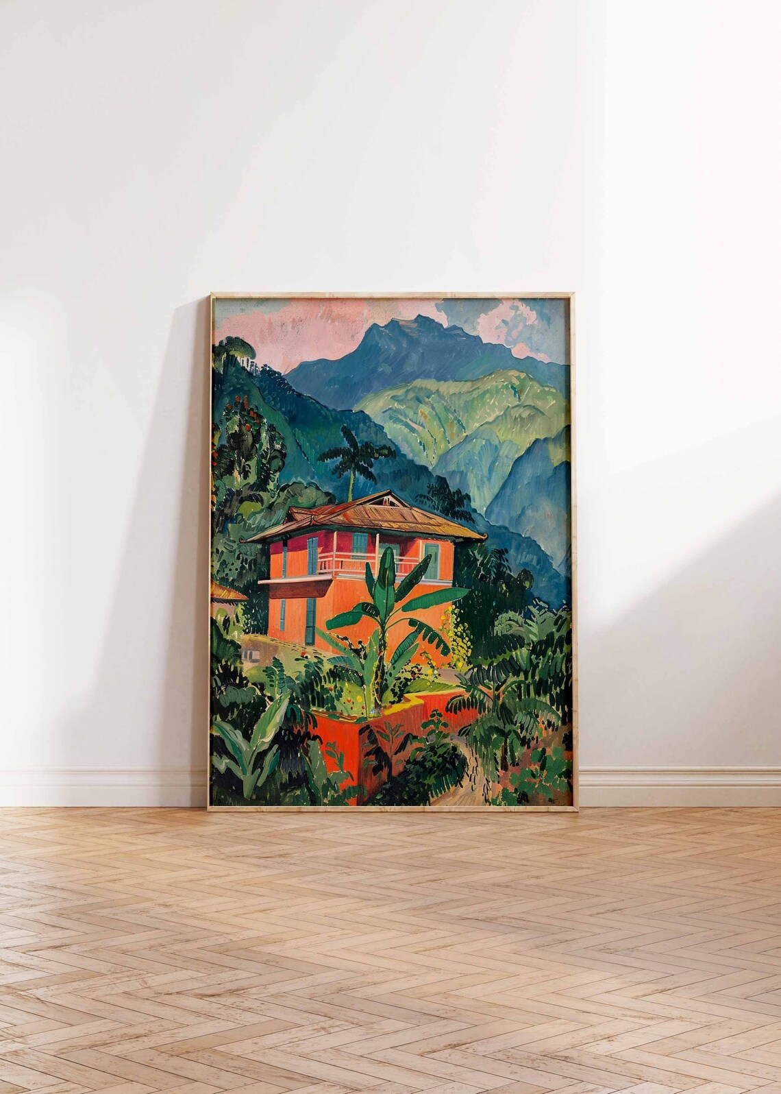 Red Mountain House Among Banana Trees Lush Green Peaks Art Poster - Image 2