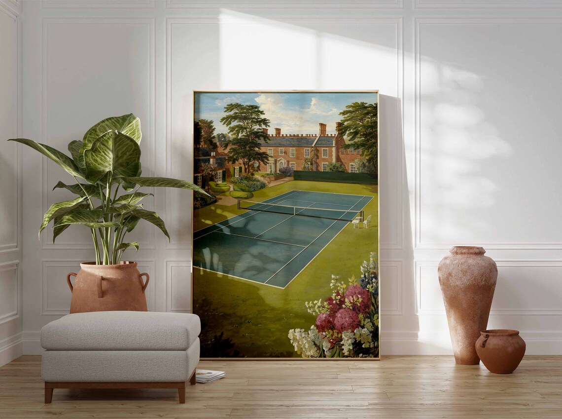 Tennis Court Brick Manor Hydrangea Garden Scene Vintage Poster - Image 2