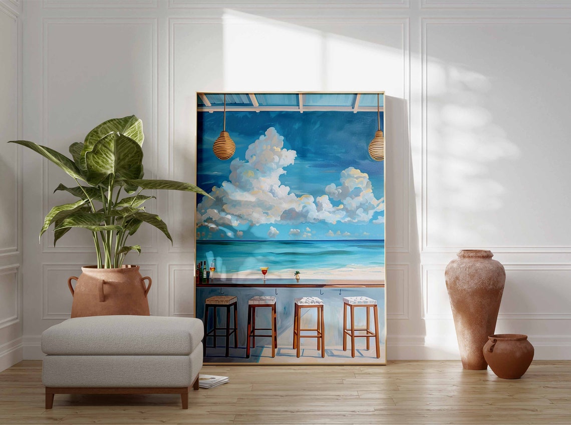 Tropical Caribbean Beach Bar Ocean View Cocktails Stools Art Print - Image 3