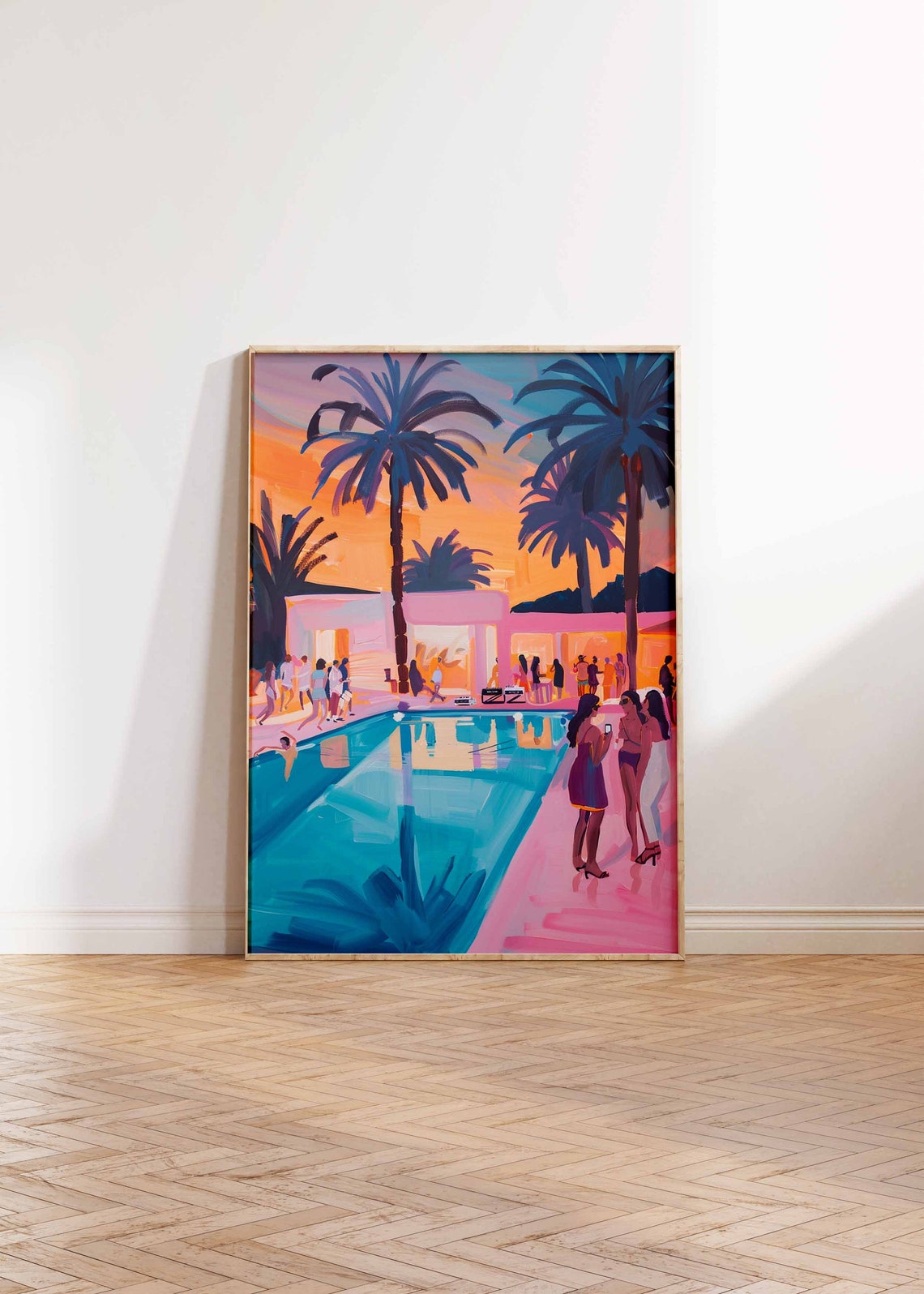 Evening Tropical Pool Party Palm Trees Sunset Scene Art Poster - Image 3