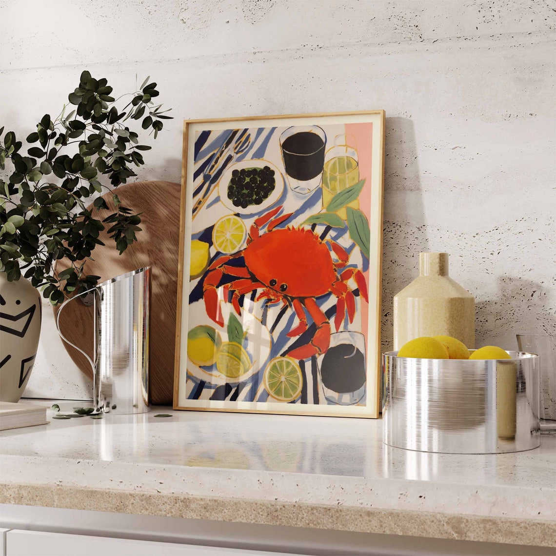 Retro Crab Seafood Kitchen Still Life Painting Art Sunny Print - Image 2