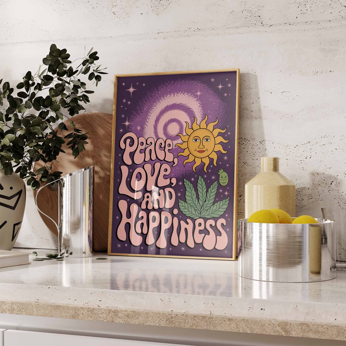 Peace Love and Happiness Purple Galaxy Retro Sun Starry Poster - Image 3