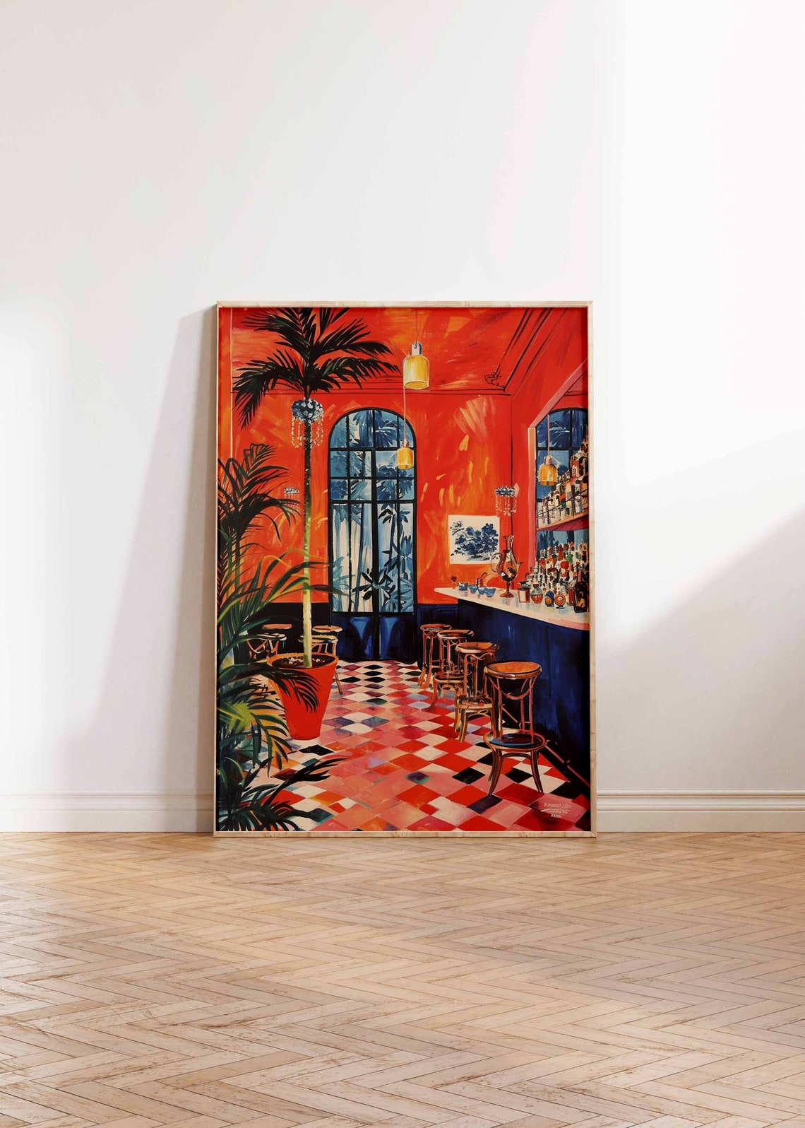 Retro Cocktail Bar Orange Interior Palm Tree Painting Poster - Image 2