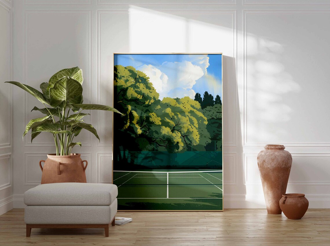 Modern Minimalist Green Tennis Court Net Flat Illustration Poster - Image 2
