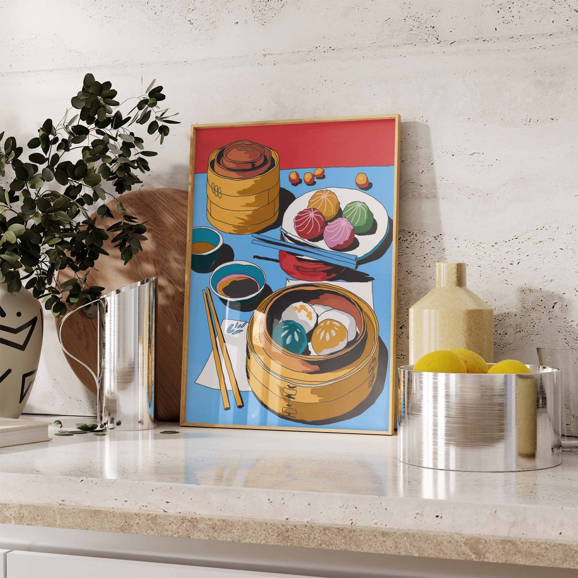 Dim Sum Pop Art Colorful Bao Buns Bamboo Steamer Kitchen Poster - Image 2