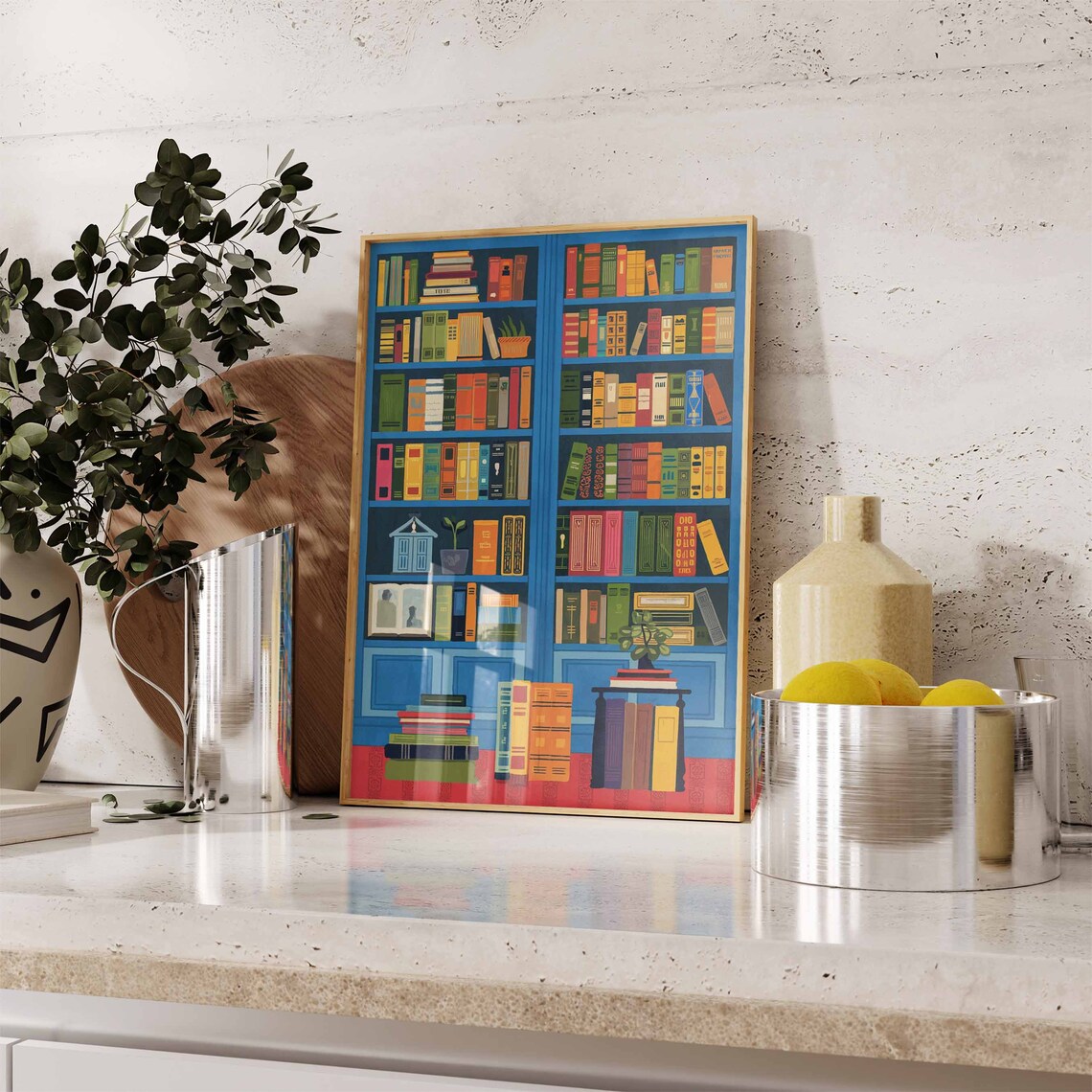Blue Bookshelf With Stacks Of Books Reading Corner Wall Poster - Image 2