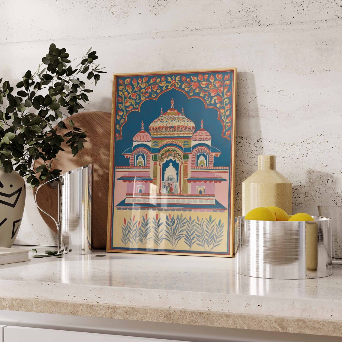 Pichwai Style Indian Temple Domes Midnight Blue Arch Folk Poster - Image 3