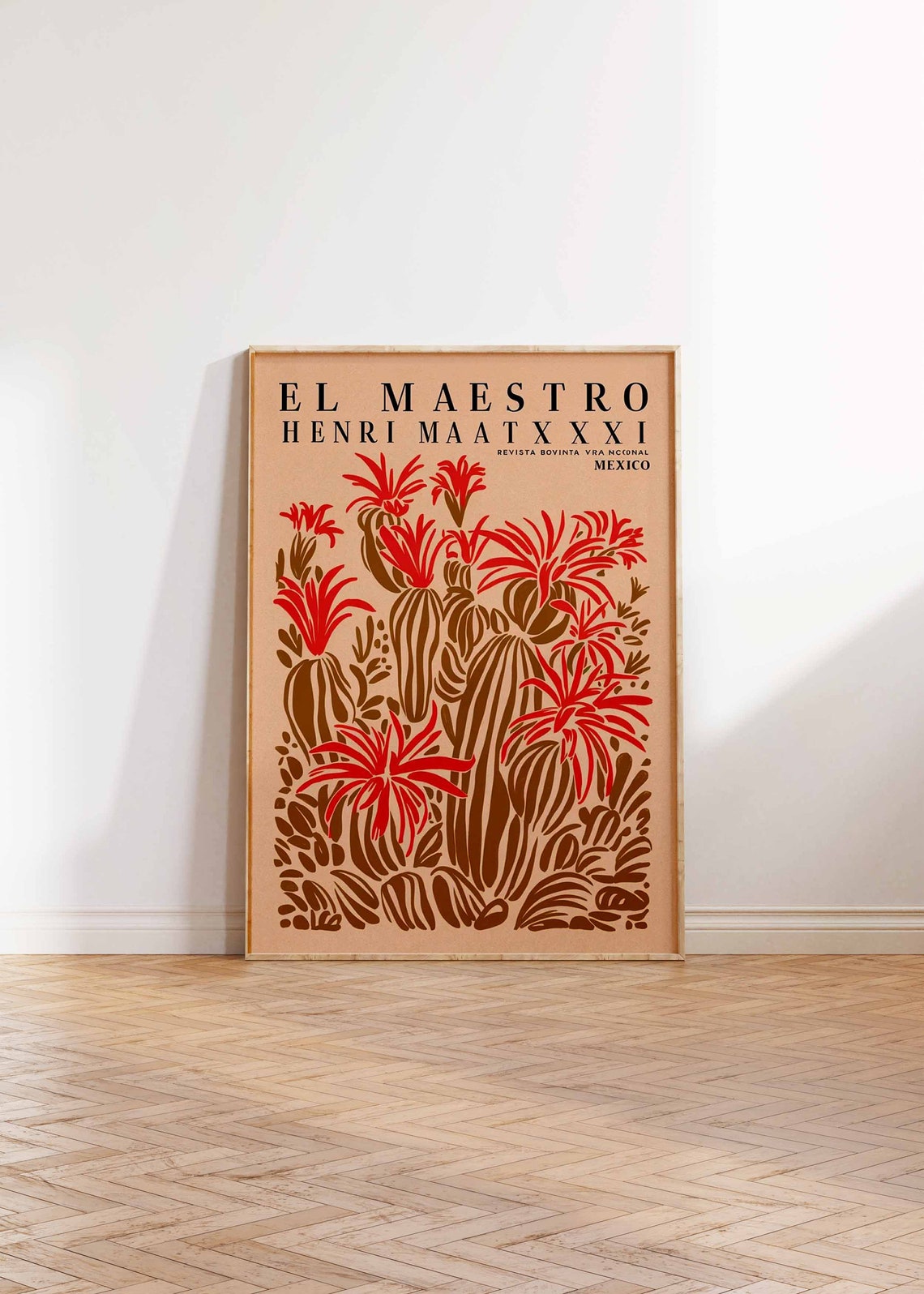 El Maestro Red Flowering Cactus Woodblock Art Poster Large Gift - Image 3