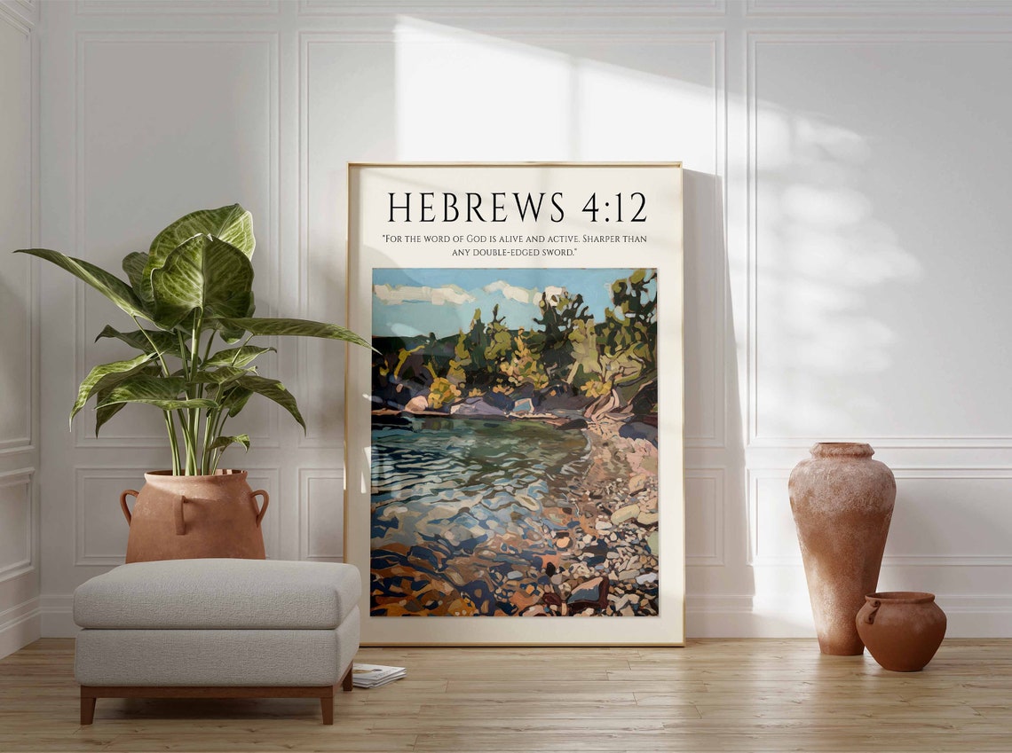 Hebrews 4:12 Bible Verse Wooded Lake Shore Scripture Art Print - Image 2