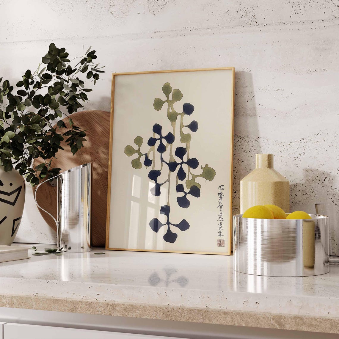 Japanese Ginkgo Leaf Ink Calligraphy Botanical Art Poster Cream - Image 3