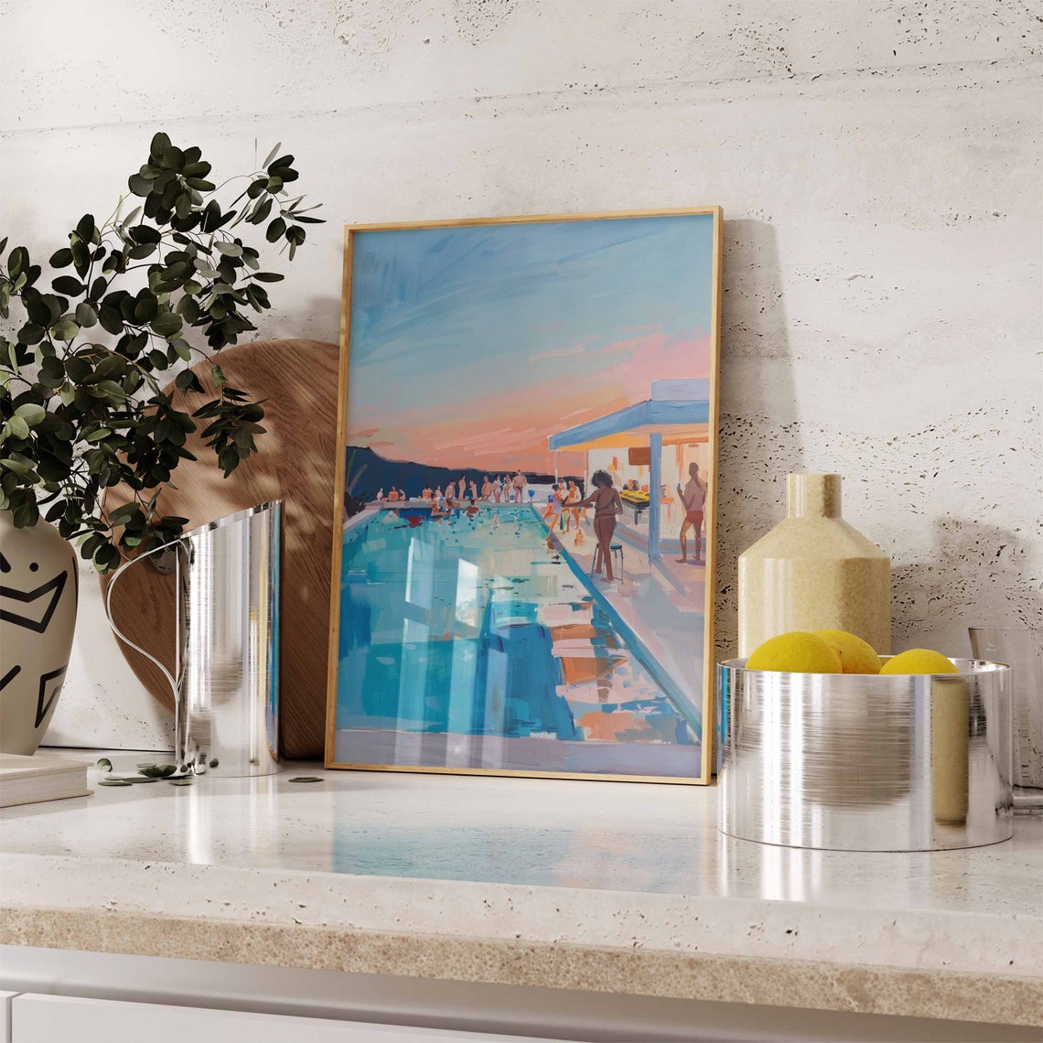 Sunset Pool Party With Guests Painterly Summer Scene Art Poster - Image 2