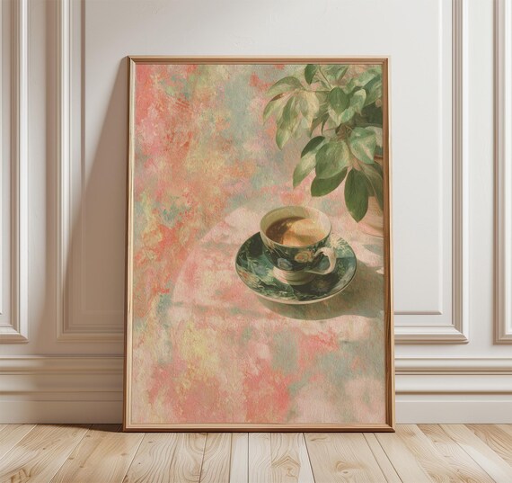 Soft Pastel Impressionist Teacup Green Leaf Elegant Kitchen Poster