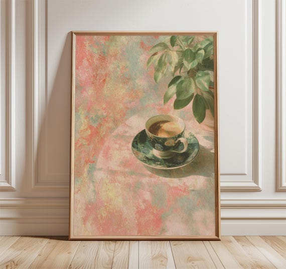 Vintage Tea Cup Poster Soft Pastel Kitchen Wall Art Print Impressionist Still Life Painting Elegant Botanical Decor For Home