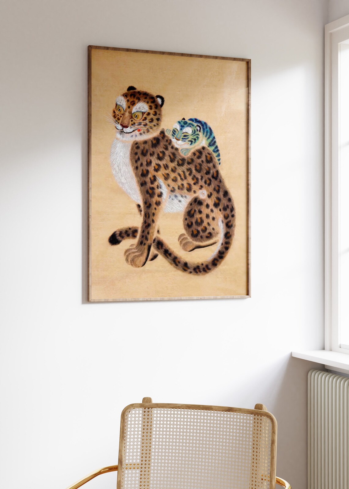 Leopard Carrying Cub Traditional Asian Wildlife Painting Poster - Image 2