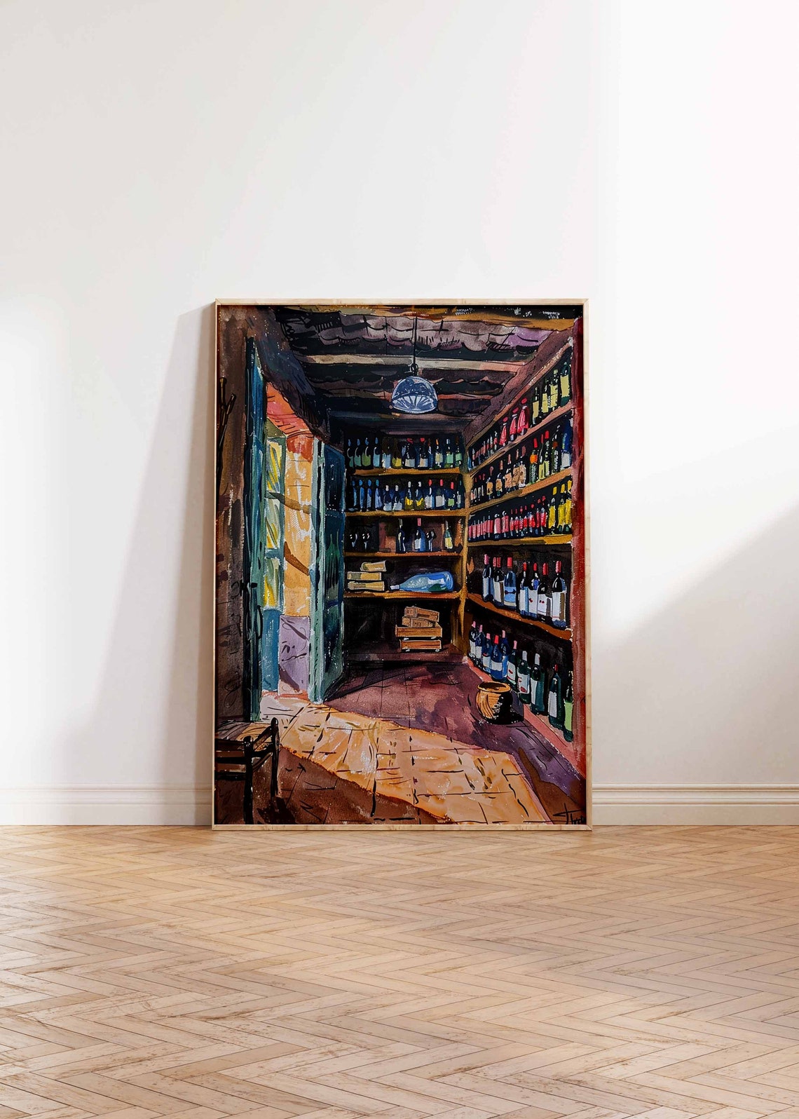 Narrow Wine Shop Interior Art Poster Bottle Shelves Warm Light Scene - Image 2
